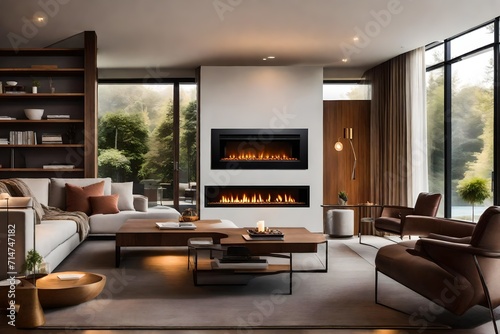 A modern interior design with a natural fire elegantly enclosed behind a glass door in a fireside.