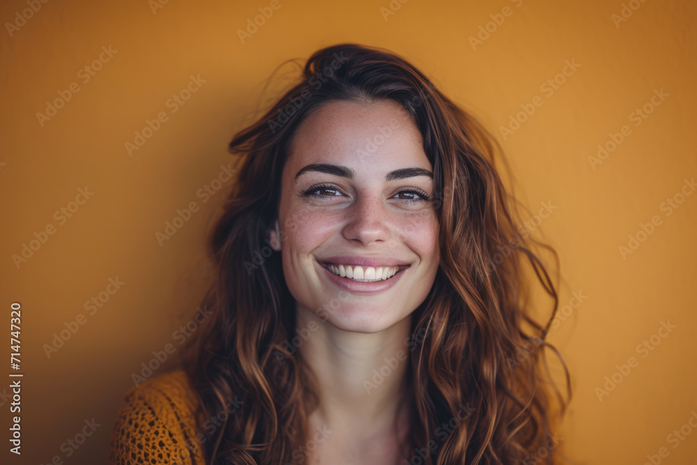 A woman with brown hair and freckles smiles for the camera A woman with brown hair and freckles smiles for the camera