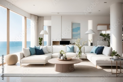 coastial interior home design of modern living room with white sofa and furniture with beach view window