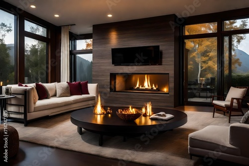 A modern interior design with a natural fire elegantly enclosed behind a glass door in a fireside. © Mehram