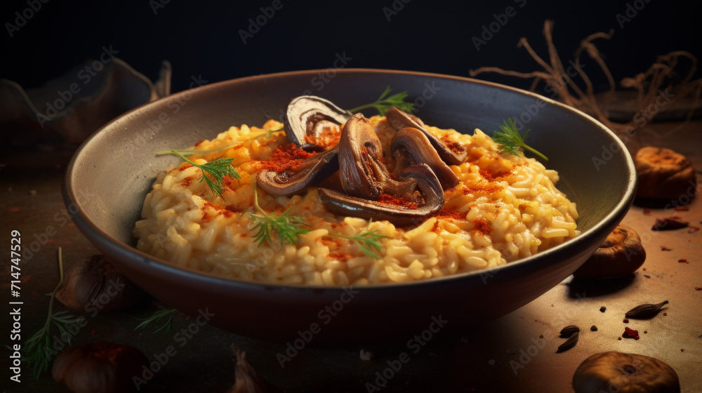 A bowl of creamy mushroom risotto, infused with fragrant spices like saffron and cardamom