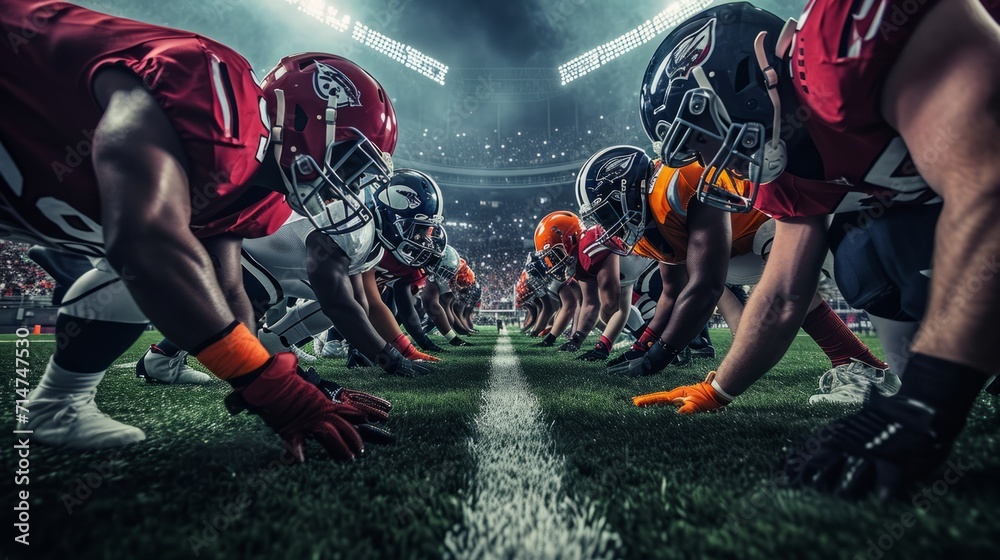 Football Players Lined Up on Field Ready for Game Football Players Lined Up on Field Ready for Game