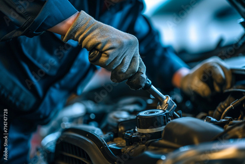 Auto mechanic working in auto repair service. Close-up of hands in gloves holding wrench.