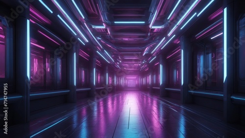 illustration of abstract background of futuristic corridor with purple and blue neon lights, generative, AI