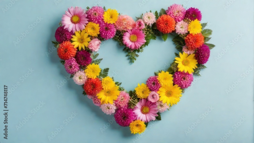Top view arrangement of colorful flowers with heart shape placed on  background. generative, AI