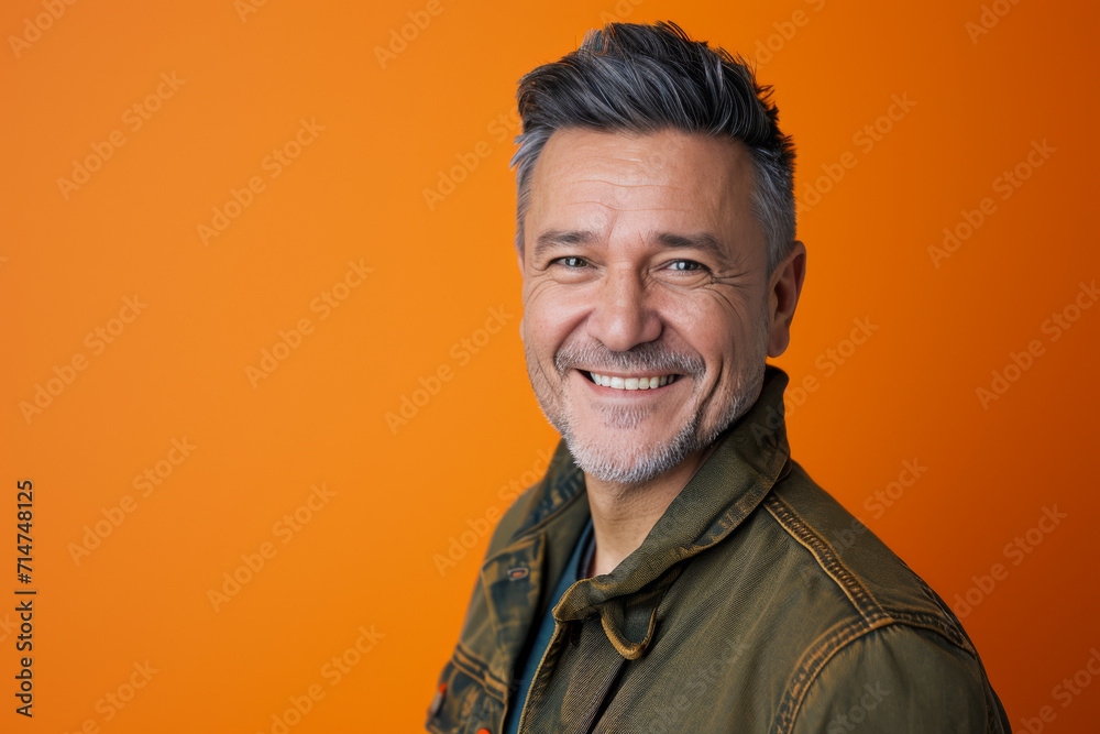 A man with gray hair and a beard is smiling in front of an orange background A man with gray hair and a beard is smiling in front of an orange background