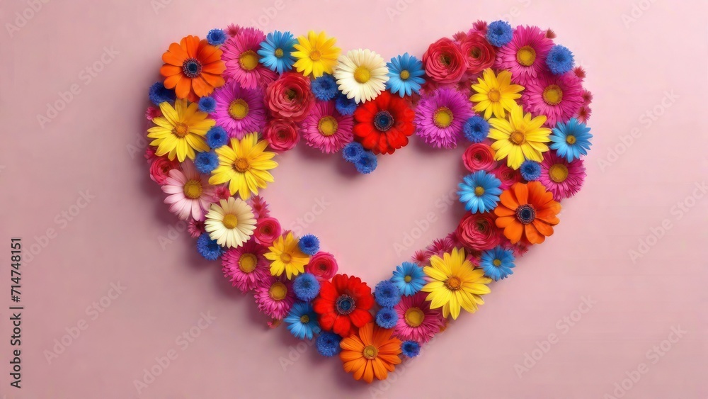 Top view arrangement of colorful flowers with heart shape placed on  background. generative, AI