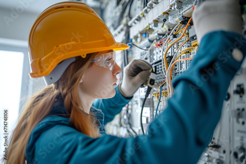 Female engineer in helmet and glasses standing near electric panel with contactors