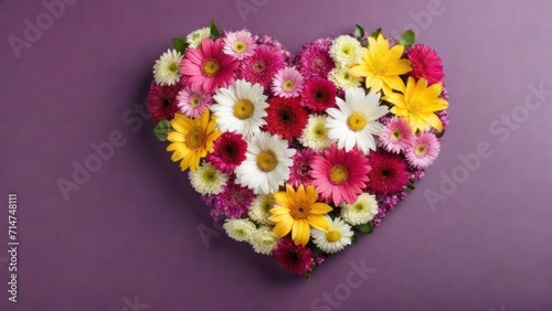 Top view arrangement of colorful flowers with heart shape placed on background. generative, AI