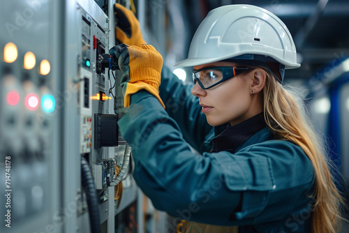 Portrait of a female electrician working in a power plant.