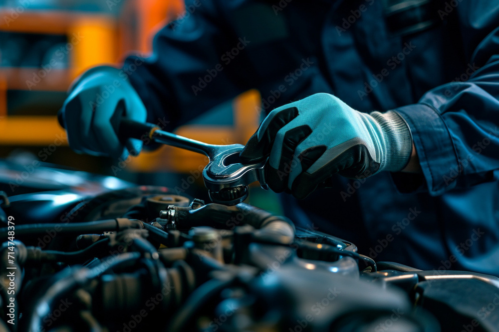 Auto mechanic repairing a car engine in auto repair shop. Auto service industry.