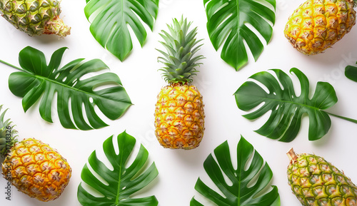 Pineapple with green tropical palm leaves creative pattern isolated on white background, summer background, Top view and flat lay
