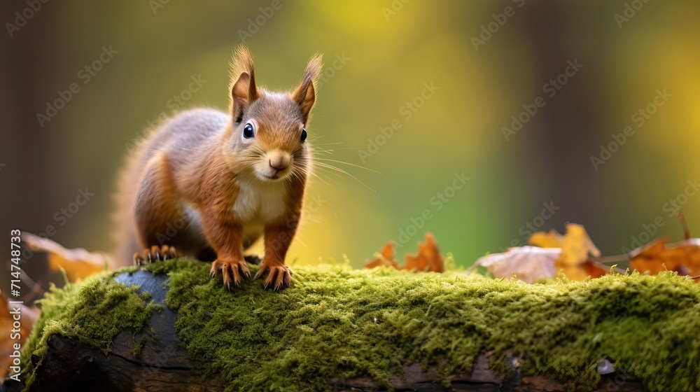 Red Fluffy Squirrel on Mossy Stump: Forest Wildlife Red Fluffy Squirrel on Mossy Stump: Forest Wildlife
