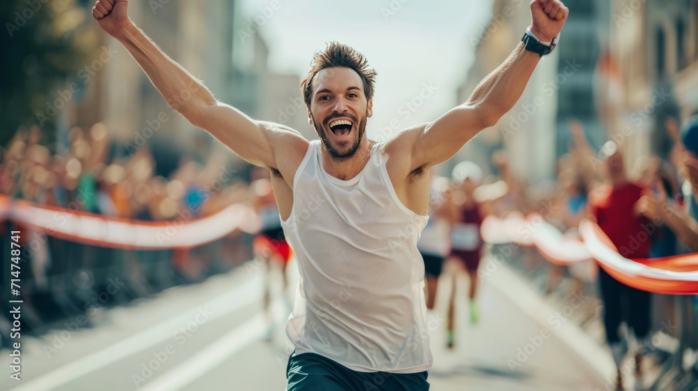 Man Running in Marathon With Arms Raised in Celebration Man Running in Marathon With Arms Raised in Celebration