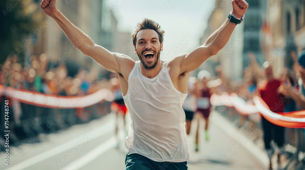 Man Running in Marathon With Arms Raised in Celebration