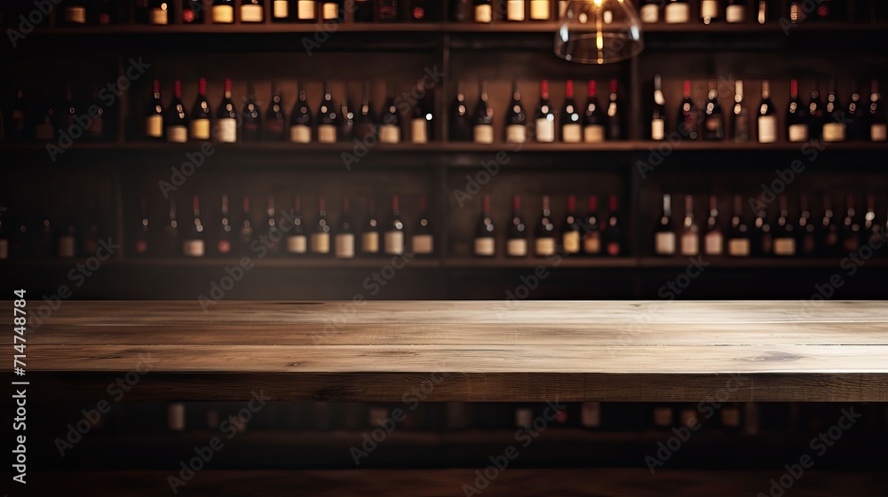 Empty Wooden Bar Counter: Alcoholic Drinks Shelves in Background