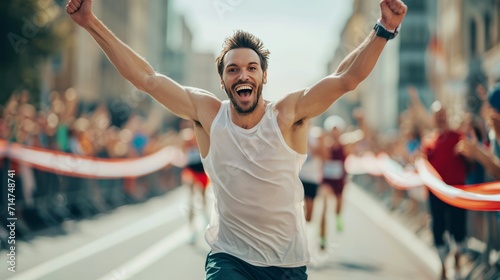 Man Running in Marathon With Arms Raised in Celebration