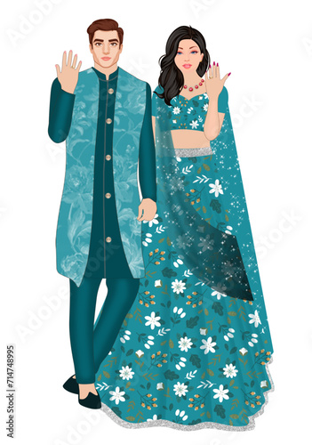 Indian Wedding Couple Standing wearing Sherwani and lehenga for Engagement