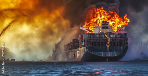 The ship in fire. Large general cargo ship for logistic import export goods the explosion and had a lot of fire and smoke at sea photo
