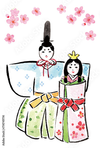 お雛様と桃の花の水彩イラスト