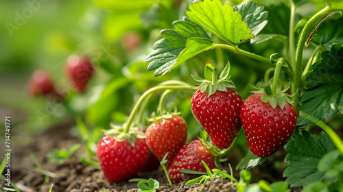 Strawberries growing in the garden  selective focus. Generative AI 