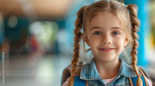 Cheerful Young Girl Ready for First Day of School with New Backpack - Excitement and Energy © Lumina
