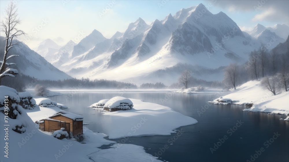 A winter snow scene with a river and mountains in the background