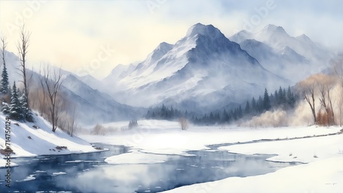 A winter snow scene with a river and mountains in the background © Reazy Studio