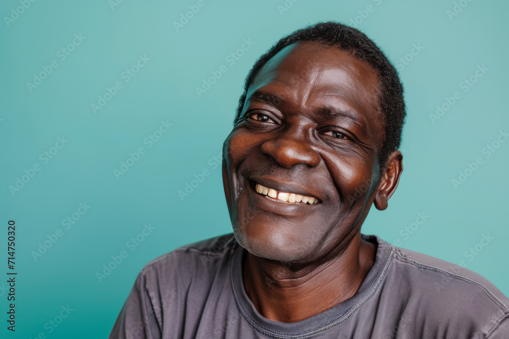 A man wearing a grey shirt is smiling for the camera A man wearing a grey shirt is smiling for the camera