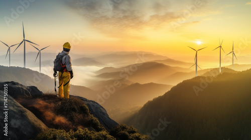 16:9 or 9:16 engineer Standing on top of a wind turbine looking at a wind turbine generating electricity on another mountain peak.