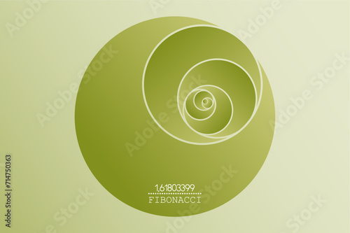 Fibonacci Sequence Circle. Golden ratio. 3D Geometric shapes spiral. Green gradient Circles in golden proportion, minimalist design. Vector circular Logo icon isolated on light green background