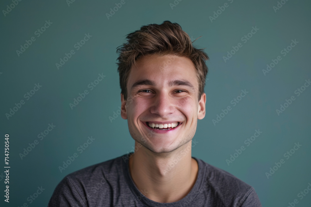 A young man in a grey shirt smiles for the camera A young man in a grey shirt smiles for the camera