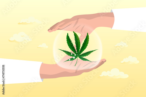 Doctor hand holding cannabis green leaf, cannabis care program, marijuana alternative medicine, legalise medical, weed or ganja (Vector)
