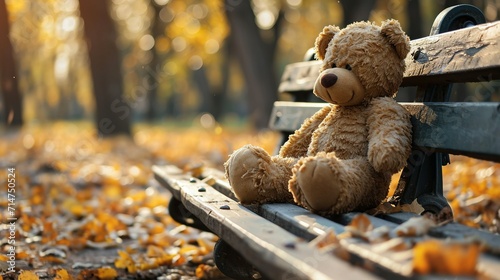 A scene of a lonely teddy bear abandoned on a park bench. Created with Generative Ai technology. photo