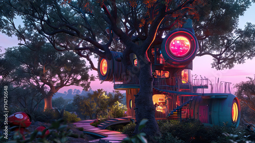 Treehouse Retreat: 3D Model Featuring a High-Tech Treehouse with Interactive Holographic Displays and Animated Robotic Companions, Blending Nature with Futuristic Innovation
