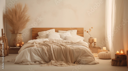 Chambre à coucher, plan sur un lit de couleurs claires et épurées, dans les tons blanc et beige. Drap, oreiller, couverture. Décorations, lumières douces. Pour conception et création graphique. 