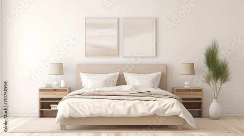 Chambre à coucher, plan sur un lit de couleurs claires et épurées, dans les tons blanc et beige. Drap, oreiller, couverture. Décorations, lumières douces. Pour conception et création graphique. 