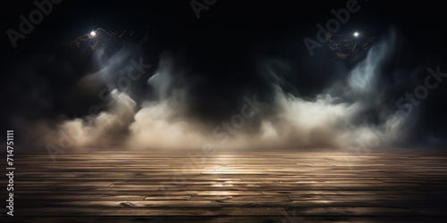 An empty room with wooden floor and smoke effect. generative ai