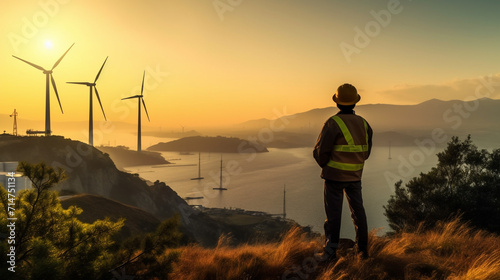 16:9 or 9:16 engineer Standing on top of a wind turbine looking at a wind turbine generating electricity on another mountain peak.