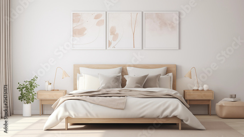 Chambre à coucher, plan sur un lit de couleurs claires et épurées, dans les tons blanc et beige. Drap, oreiller, couverture. Décorations, lumières douces. Pour conception et création graphique.  photo