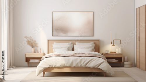 Chambre à coucher, plan sur un lit de couleurs claires et épurées, dans les tons blanc et beige. Drap, oreiller, couverture. Décorations, lumières douces. Pour conception et création graphique.  © FlyStun