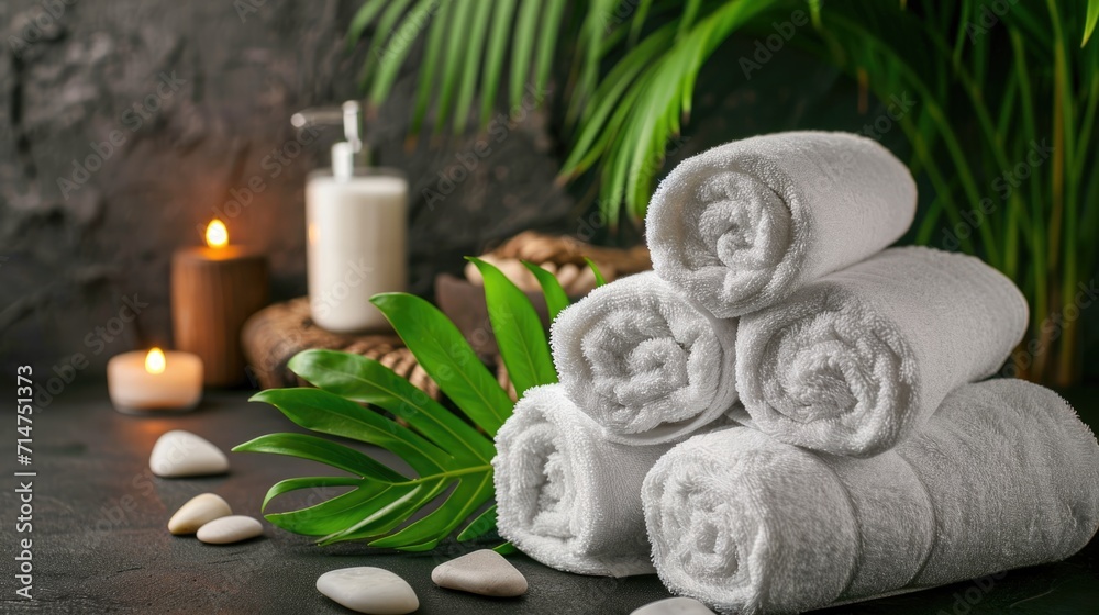 white folded towels on a dark background with candles and leaves in a spa salon, an atmosphere of calm and relaxation