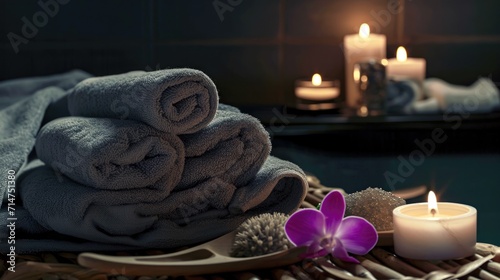 gray folded towels on a dark background with candles in a spa salon, an atmosphere of calm and relaxation