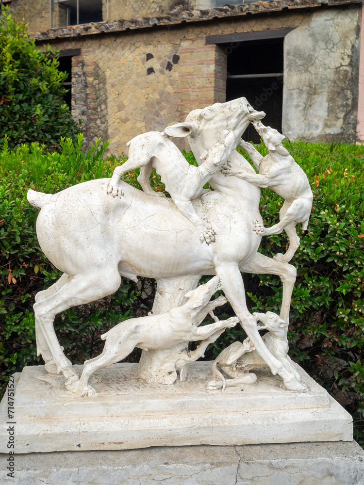 Statue of deer attacked by a pack of dog sat Casa dei Cervi, Ercolano
