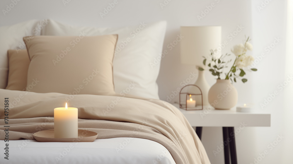 Naklejka premium Chambre à coucher, plan sur un lit de couleurs claires et épurées, dans les tons blanc et beige. Drap, oreiller, couverture. Décorations, lumières douces. Pour conception et création graphique. 