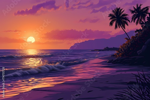 beach at sunset with cartoon background