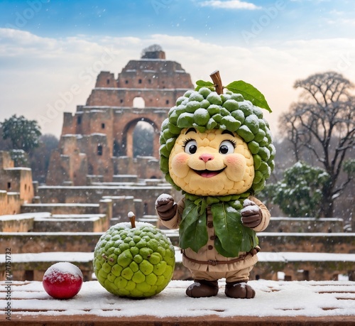 Custard apple mascot character and apples on the background of Colosseum in Rome, Italy photo