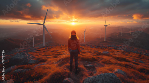 16:9 or 9:16 engineer  Standing on top of a wind turbine looking at a wind turbine generating electricity on another mountain peak. photo