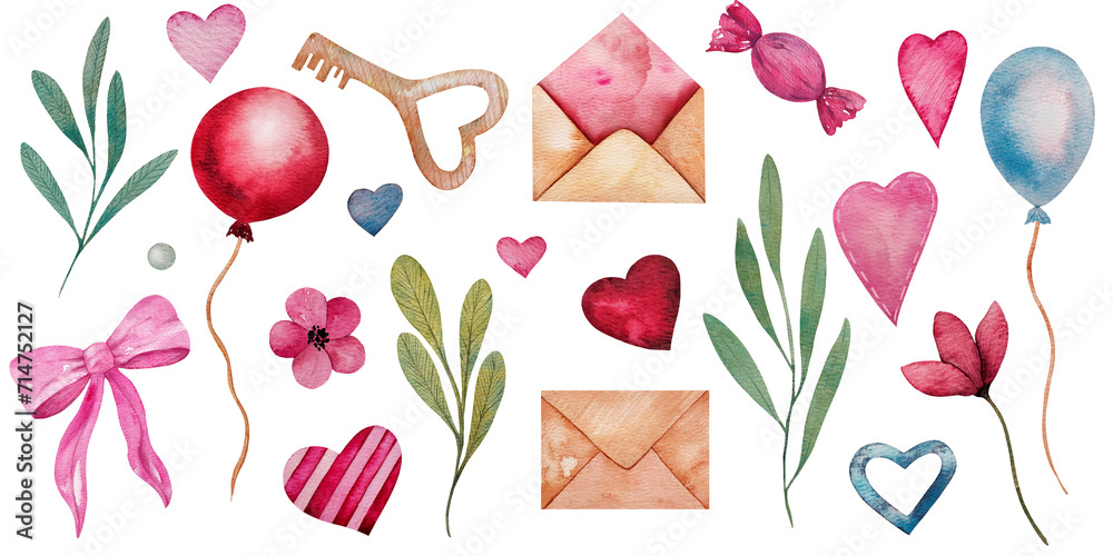 Watercolor hearts, flowers and leaves, candy, red and blue balloon, envelope, bow, key. Hand drawn set of romantic illustration for valentine's day, lovers cards, wedding design Watercolor hearts, flowers and leaves, candy, red and blue balloon, envelope, bow, key. Hand drawn set of romantic illustration for valentine's day, lovers cards, wedding design