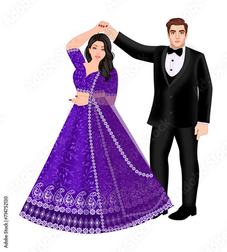 Indian Wedding Couple Dancing wearing Suite and lehenga
